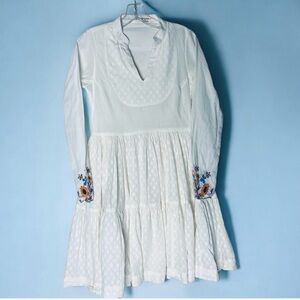 The Woven Threads x Oracra Embroidered Boho Mini Dress White Cotton Tiered Small